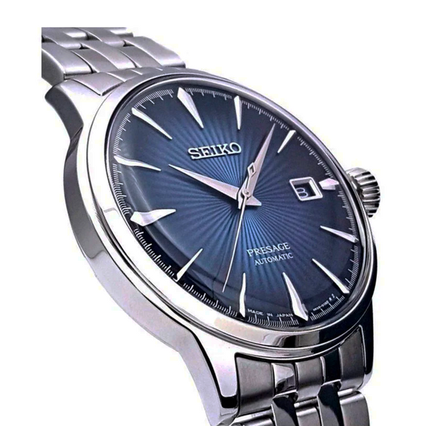 Gent's Seiko Presage Cocktail Time 40.5mm Stainless Steel Case and Bracelet Blue Dial See-Through Case Back Date Automatic