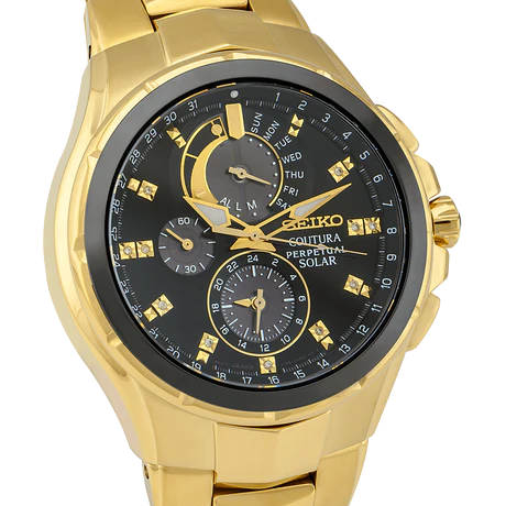 Seiko Coutura Solar Perpetual Calendar Chronograph Watch.  The case and bracelet are yellow gold plated stainless steel, the dial is black and the glass is sapphire crystal. The hour markers are diamond set.