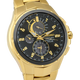 Seiko Coutura Solar Perpetual Calendar Chronograph Watch.  The case and bracelet are yellow gold plated stainless steel, the dial is black and the glass is sapphire crystal. The hour markers are diamond set.