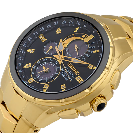 Seiko Coutura Solar Perpetual Calendar Chronograph Watch.  The case and bracelet are yellow gold plated stainless steel, the dial is black and the glass is sapphire crystal. The hour markers are diamond set.