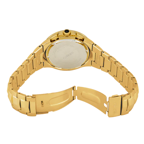Seiko Coutura Solar Perpetual Calendar Chronograph Watch.  The case and bracelet are yellow gold plated stainless steel, the dial is black and the glass is sapphire crystal. The hour markers are diamond set.