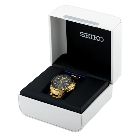 Seiko Coutura Solar Perpetual Calendar Chronograph Watch.  The case and bracelet are yellow gold plated stainless steel, the dial is black and the glass is sapphire crystal. The hour markers are diamond set.