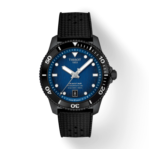 Tissot watch with black strap and blue dial on a white background