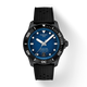 Tissot watch with black strap and blue dial on a white background