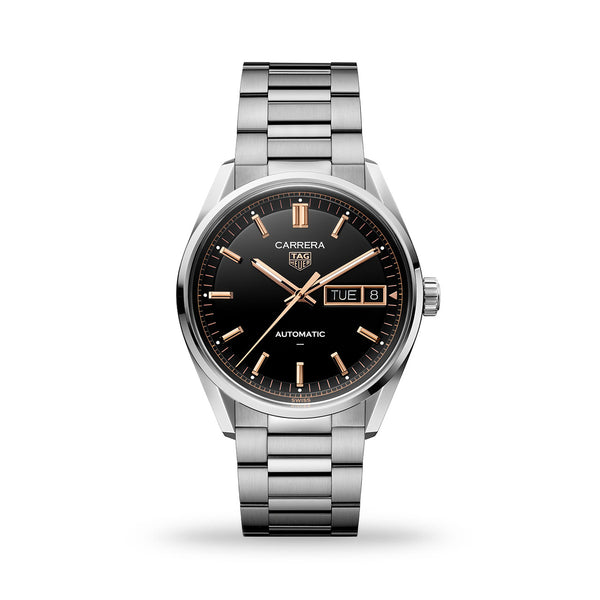 A stainless steel TAG Heuer Carrera automatic watch with a black opaline dial, 18k rose gold plated hands, indexes, and a sapphire crystal case back.