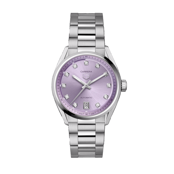 A stainless steel TAG Heuer Carrera automatic watch with a lilac dial, diamond set hour markers, and a sapphire crystal glass back.Ladies TAG Heuer Carrera Automatic Watch. The movement is Calibre 7 automatic. model WBN2319.BA00001