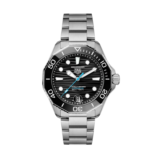 A TAG Heuer Aquaracer watch with a stainless steel case and bracelet, black ceramic bezel, black dial with blue hands and date display, and a silver silver.Gent's TAG Heuer Aquaracer Automatic Watch. The 42mm case 
model WBP5110.BA0013
