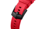 Red watch strap with black clasp on a white background