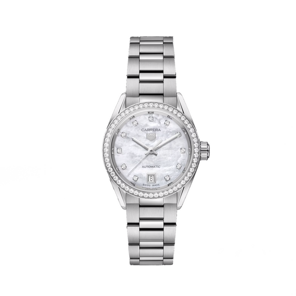 A TAG Heuer Carrera ladies automatic watch with a stainless steel case and bracelet, a white mother-of-pearl dial with diamond set hour markers, and a sapphire crystal glass cover.Ladies TAG Heuer Carrera Stainless Steel 29mm Case  Model WBN2414.BA0621