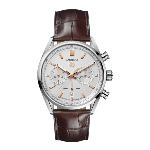 A TAG Heuer Carrera watch with a stainless steel case in silver, brown alligator strap, and a white dial with rose gold-colored hands and indices. Gents TAG Heuer Carrera Stainless Steel 42mm Case Brown Alligator Strap model CBN2013.FC6483
