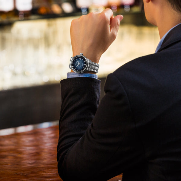 Gent's Seiko Presage Cocktail Time 40.5mm Stainless Steel Case and Bracelet Blue Dial See-Through Case Back Date Automatic Watch.