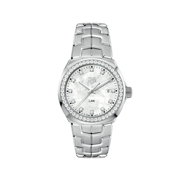A stainless steel TAG Heuer diamond set link watch with a white mother-of-pearl dial and a date function, featuring a diamond set bezel and markers.