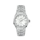 A stainless steel TAG Heuer diamond set link watch with a white mother-of-pearl dial and a date function, featuring a diamond set bezel and markers.