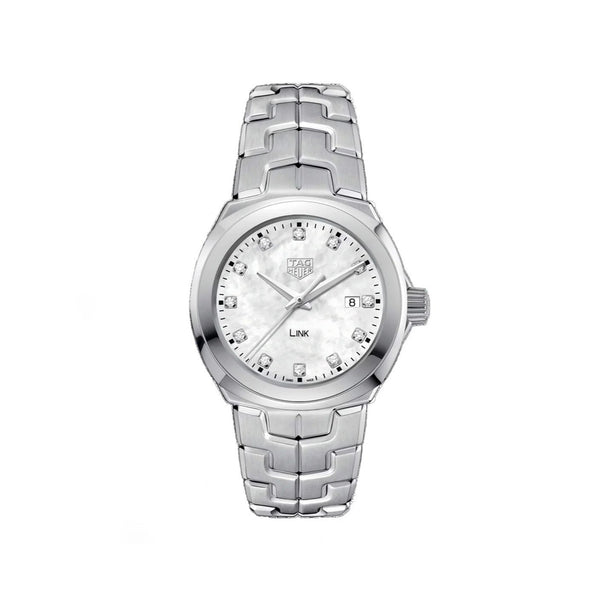Ladies TAG Heuer Link 32mm Quartz Watch. The case and bracelet are stainless steel, the dial white mother-of-pearl and the glass is sapphire crystal. The watch features diamond set hour markers and a date function.  