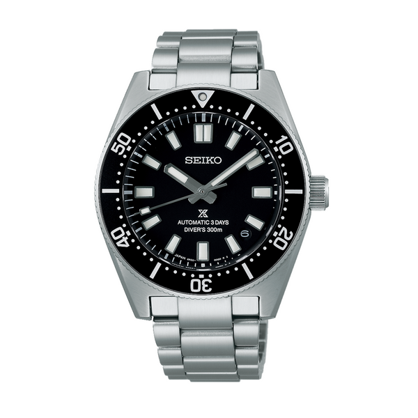 A Seiko Prospex Divers 300m automatic watch with a black bezel and dial, stainless steel bracelet, and sapphire crystal glass.