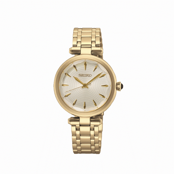Ladies Seiko Quartz Dress Watch. The 30mm case and bracelet are gold PVD on stainless steel. The dial is champagne in colour. The movement is quartz.