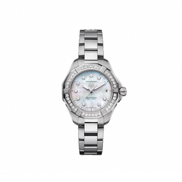 A ladies' TAG Heuer Aquaracer watch with a stainless steel bracelet and a mother-of-pearl dial, featuring a diamond bezel and a date function.Ladies TAG Heuer Aquaracer Professional 200 Solargraph Watch. model WBP1314.BA0005