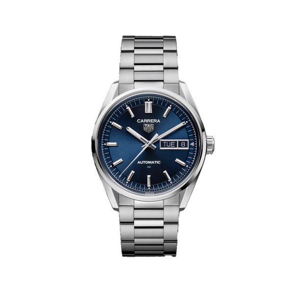 A stainless steel TAG Heuer Carrera automatic watch with a blue dial and a day/date function, featuring a sapphire crystal glass cover.Gent's TAG Heuer Carrera Automatic Watch. The 41mm case and bracelet are stainless steel.TAG Heuer Model Number: WDA2112.BA0043