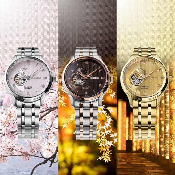 Seiko watch with two-tone metal strap on gray backgroundGents Seiko Presage Japanese Garden Automatic Watch. The 41.8mm case and bracelet are bicolour: rose gold PVD and stainless steel. The dial is black with a textured pattern, rose coloured roman numerals and hands, 24-hour indicator sub-dial and circular shaped movement window. The watch has a sapphire crystal glass with a see-through case back. The movement is automatic. MODEL SSA466J
