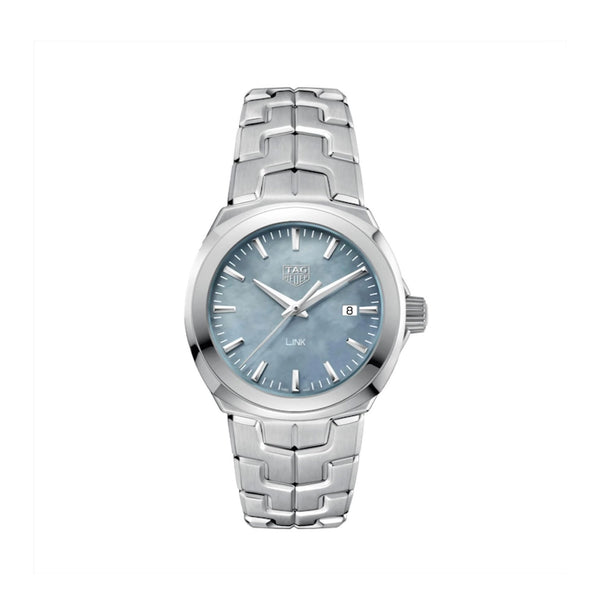 A stainless steel TAG Heuer Link watch with a blue mother-of-pearl dial and a silver bracelet.