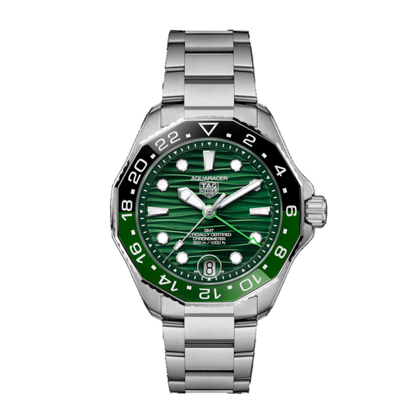 Gent's TAG Heuer Aquaracer Professional 300m model WBP5115.BA0013   A TAG Heuer Aquaracer Professional 300m GMT Automatic Chronometer watch with a stainless steel bracelet, black and green ceramic bezel, green dial, and sapphire crystal glass.