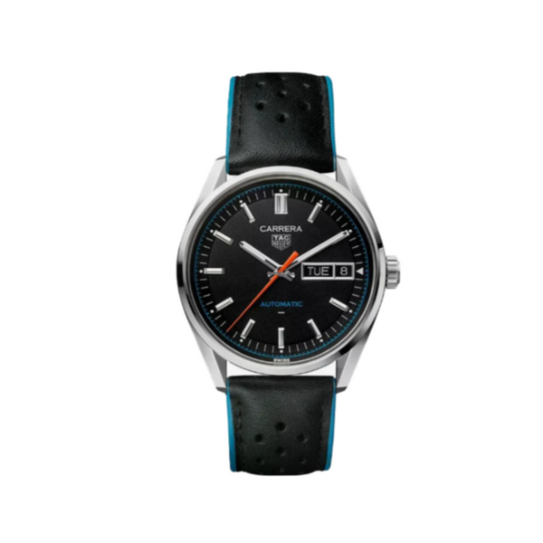 A gent's TAG Heuer Carrera automatic watch with a black grained dial, blue lined, stainless steel case, and a black leather strap with a blue detail.Gent's TAG Heuer Carrera Automatic Watch.  Model Number: WDA2110.FC6614