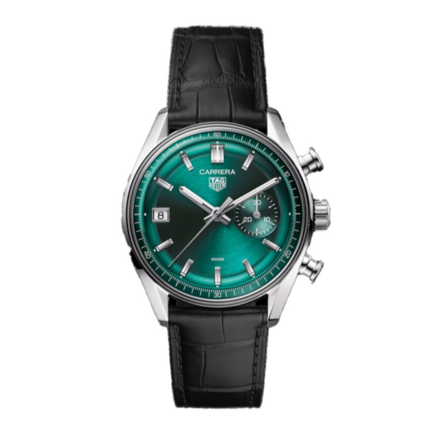CBS2211.FC6545  
TAG Heuer Carrera Chronograph Automatic Watch with a 39mm stainless steel case, paired with a black alligator strap and deployment clasp. It includes a chronograph function, a circular b