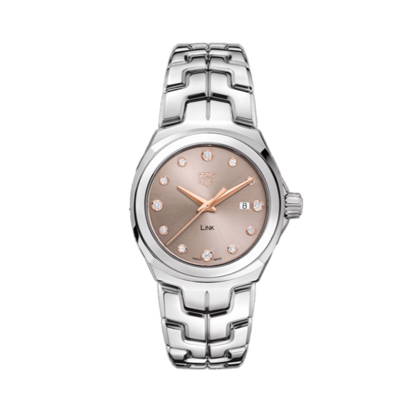 A ladies TAG Heuer stainless steel diamond set link quartz watch with a taupe dial, 12 diamond set hour markers, a date function, sapphire crystal glass, and a 32mm case diameter.