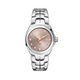 A ladies TAG Heuer stainless steel diamond set link quartz watch with a taupe dial, 12 diamond set hour markers, a date function, sapphire crystal glass, and a 32mm case diameter.