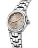 Ladies TAG Heuer Stainless Steel Diamond Set Link Quartz Watch. The 32mm case and bracelet are stainless steel. The dial is taupe in colour with 12 diamond set hour markers and a date function. The glass is sapphire crystal and the watch is 100m water resistant. The movement is quartz.