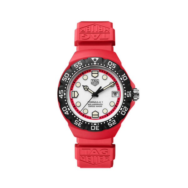 Red watch with black bezel and white face on a white background