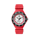 Red watch with black bezel and white face on a white background