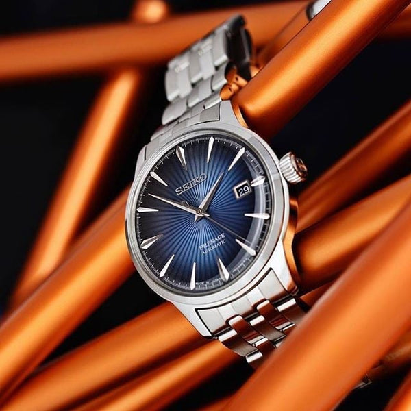 Gent's Seiko Presage Cocktail Time 40.5mm Stainless Steel Case and Bracelet Blue Dial See-Through Case Back Date Automatic Watch.