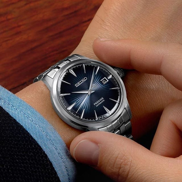 Gent's Seiko Presage Cocktail Time 40.5mm Stainless Steel Case and Bracelet Blue Dial See-Through Case Back Date Automatic Watch.