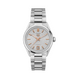 A silver TAG Heuer Carrera automatic watch with a stainless steel bracelet and a silver dial with rose gold plated hands and indexes.Ladies TAG Heuer Carrera Automatic Watch. The 36mm case. MODEL WBN231B.BA0001