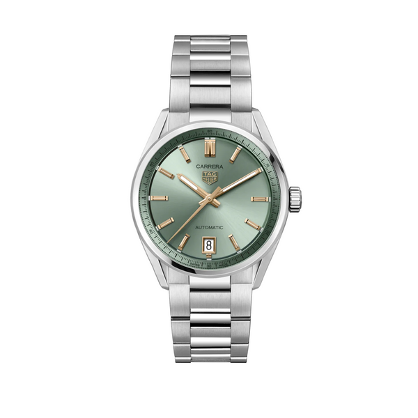 A TAG Heuer Carrera automatic watch with a green dial, rose-colored hands and indexes, and a stainless steel bracelet.TAG Heuer Carrera 36mm Automatic Watch. model WBN2312.BA0001