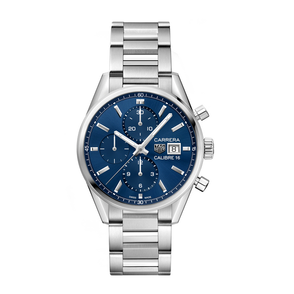 A TAG Heuer Carrera Calibre 16 Automatic Watch with a blue dial, stainless steel case and bracelet, and sapphire crystal glass.Gent's TAG Heuer Carrera Calibre 16 Automatic Watch. model CBK2112.BA0715