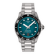 A Tissot T-Sport Seastar 1000 watch with a turquoise dial, stainless steel case and bracelet, and a black mineral bezel ring.