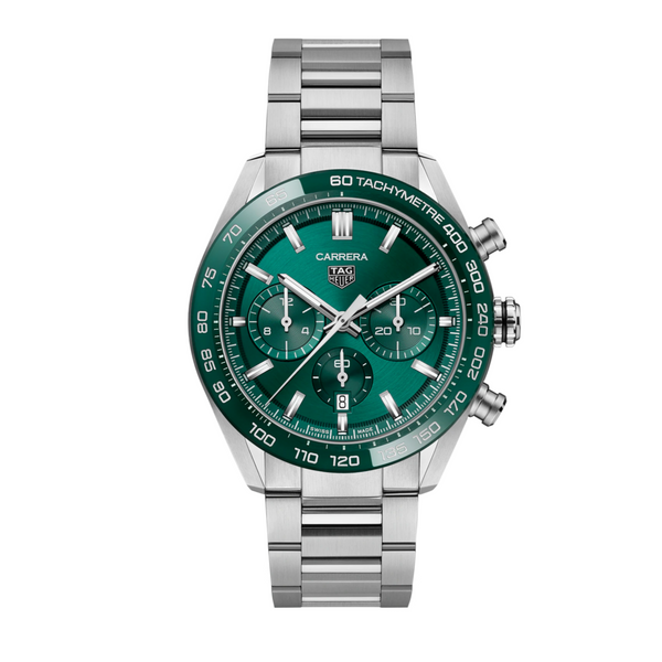 Gents TAG Heuer Carrera Chronograph Calibre Heuer 02 Automatic Model CBN2A1N.BA0643
A TAG Heuer Carrera Chronograph Calibre Heuer 02 Automatic Watch with a green ceramic bezel, green dial, and stainless steel case and bracelet.