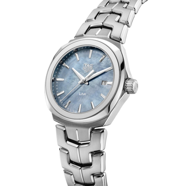 Ladies TAG Heuer Link Watch. The case and bracelet are stainless steel, the dial blue mother-of-pearl and the glass is sapphire crystal. The watch features a date function. The movement is quartz