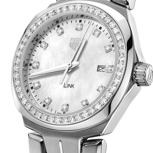 Ladies TAG Heuer Link Quartz Watch. The 32mm case and bracelet are stainless steel, the dial white mother-of-pearl and the glass is sapphire crystal.