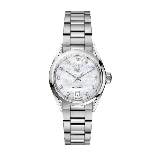 A TAG Heuer Carrera automatic watch with a stainless steel case and bracelet, a white mother-of-pearl dial adorned with diamonds, and a sapphire crystal glass cover. Ladies TAG Heuer Carrera Automatic Watch. model WBN2412.BA0621