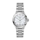 A TAG Heuer Carrera automatic watch with a stainless steel case and bracelet, a white mother-of-pearl dial adorned with diamonds, and a sapphire crystal glass cover. Ladies TAG Heuer Carrera Automatic Watch. model WBN2412.BA0621