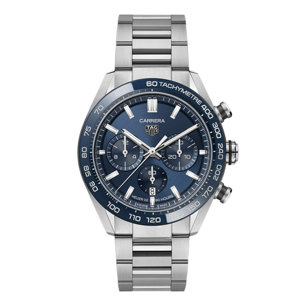 A TAG Heuer Carrera Heuer 02 Automatic Watch with a blue dial, stainless steel case and bracelet, and a blue ceramic bezel.TAG Heuer Carrera Heuer 02 Automatic Watch. . Model No: CBN2A1A.BA0643