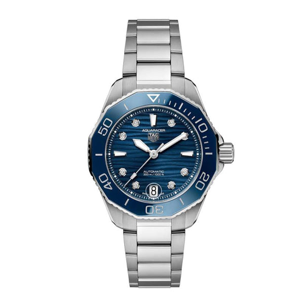 A TAG Heuer Aquaracer 36mm watch with a blue dial, stainless steel case and bracelet, and a blue ceramic bezel.Ladies TAG Heuer Aquaracer 36mm Automatic Watch. model WBN2412.BA0621