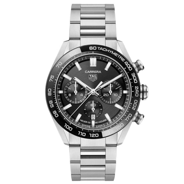 Silver watch with black dial on a white background Gent's TAG Heuer Carrera Heuer 02 Automatic Watch. Model: CBN2A1B.BA0643