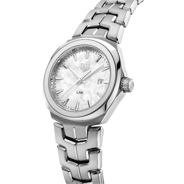 Ladies TAG Heuer Link 32mm Quartz Watch. The case and bracelet are stainless steel, the dial white mother-of-pearl and the glass is sapphire crystal. The watch features a date function. The movement is quartz.