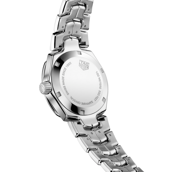 Ladies TAG Heuer Link Watch. The case and bracelet are stainless steel, the dial blue mother-of-pearl and the glass is sapphire crystal. The watch features a date function. The movement is quartz