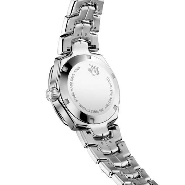 Ladies TAG Heuer Link 32mm Quartz Watch. The case and bracelet are stainless steel, the dial white mother-of-pearl and the glass is sapphire crystal. The watch features diamond set hour markers and a date function.