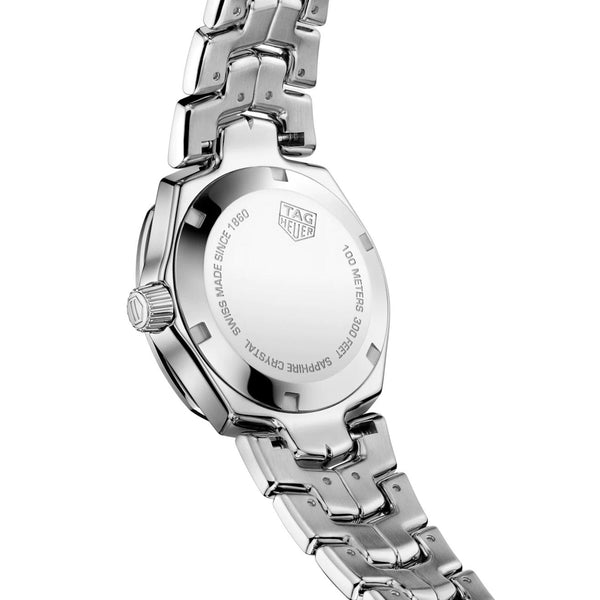 Ladies TAG Heuer Link Quartz Watch. The 32mm case and bracelet are stainless steel, the dial white mother-of-pearl and the glass is sapphire crystal.